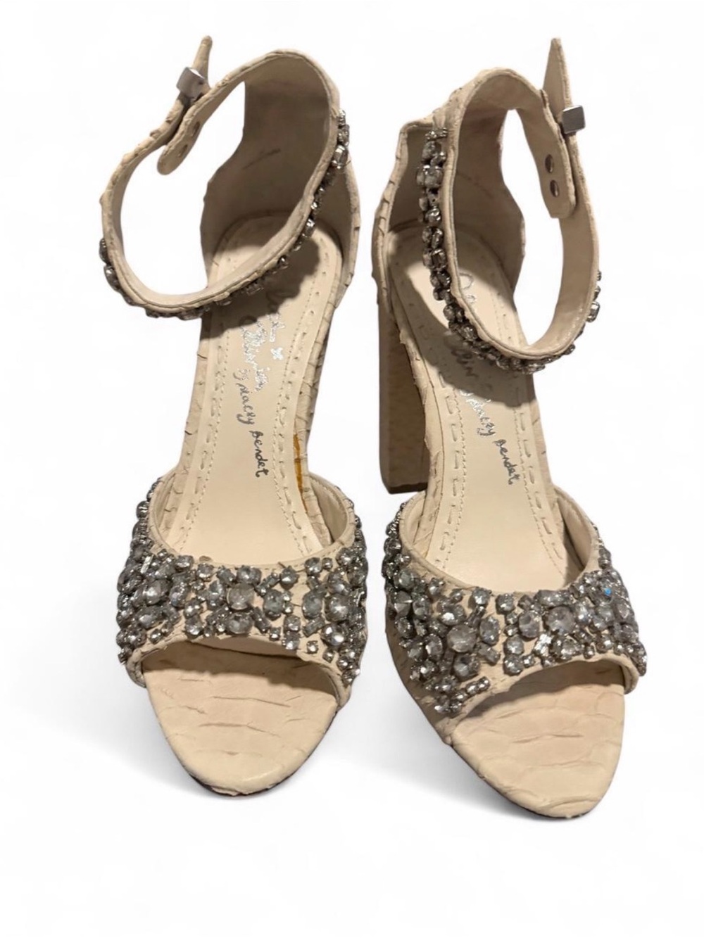 Alice + Olivia Crystal-Embellished Nude Block Heel Sandals
